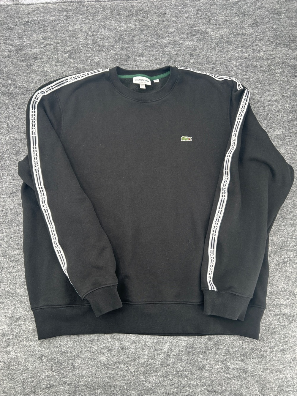 Lacoste Black Crewneck Sweatshirt with White Sleeve Tape Stripe Band Fleece XXL - Picture 4 of 13